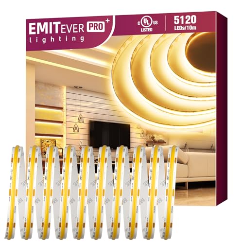 EMITEVER COB LED Strip Lights 3000K Warm White 24V 32.8ft/10m UL Listed - Seamless, Dimmable, High CRI