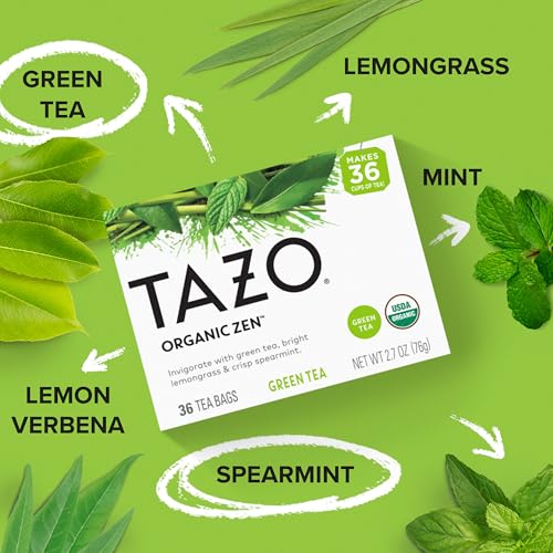 TAZO Organic Zen Green Tea Bags - 36 Count Pack of 4, 144 Total Bags, USDA Organic, Certified Non-GMO, Kosher