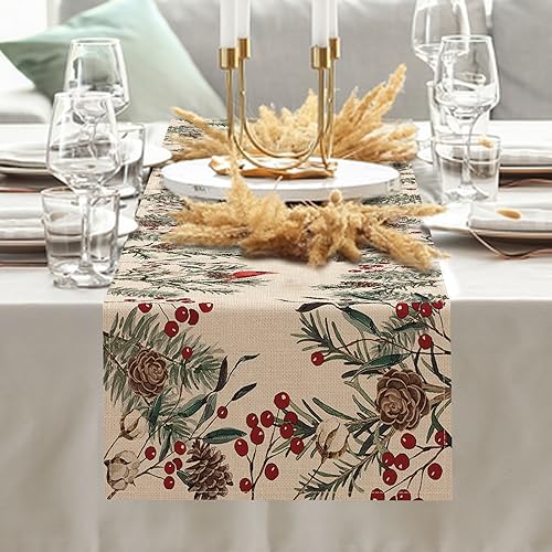 Seliem Winter Pine Needle Branches Table Runner 13x72 Inches - Holiday Farmhouse Decor