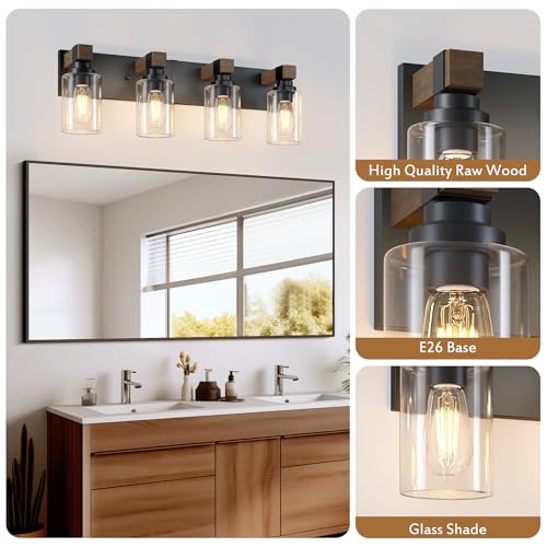 Farmhouse 4-Light Bathroom Vanity Light Fixture, Black & Wood Finish