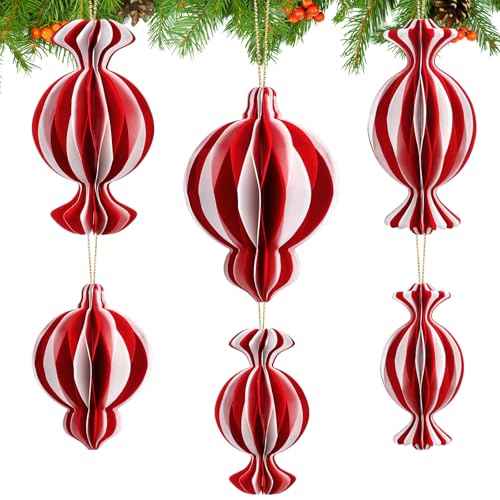 6 Pcs Christmas Ornaments Candy Paper Honeycomb Ornaments 3D Red White Hanging Decor Craft Balls for Christmas Tree Holiday Party Home Decoration