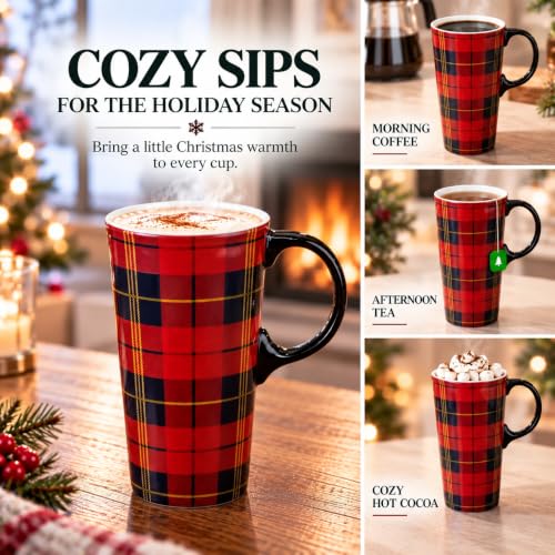 Topadorn 17oz Ceramic Travel Mug with Red Tartan Plaid Lid - Gift Box