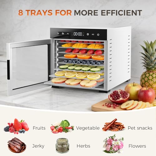 Food Dehydrator Machine 500W with 8 Stainless Steel Trays, 185°F Temp & 24H Timer - Bright Silver / 16.7x13.5x13.5 in