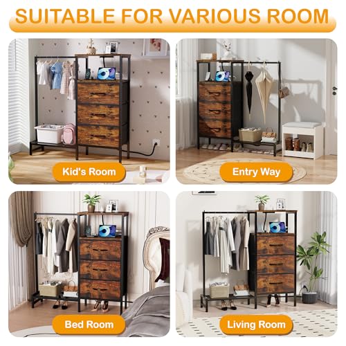 Bedroom Dresser with Hanging Rack and Charging Station - Brown