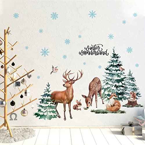 Mfault Winter Christmas Forest Deer Wall Decals Stickers, Xmas Wonderland Pine Tree Animals Elk Squirrel Rabbit Nursery Christmas Decorations Kids Bedroom Art, Snowflakes Baby Boys Girls Room Decor