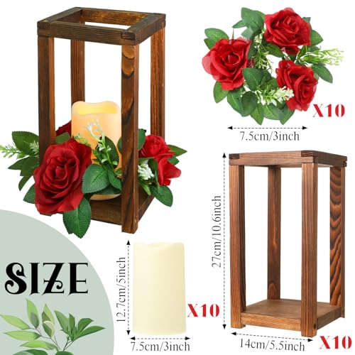 Wooden Wedding Lantern Centerpieces with Red Rose & LED Candles - Rustic Decor Set