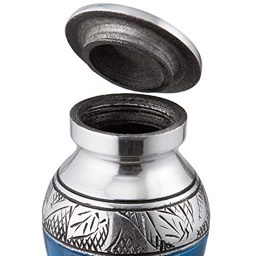 Mini Cremation Urns Set of 6 - Blue & Silver Keepsake with Velvet Case