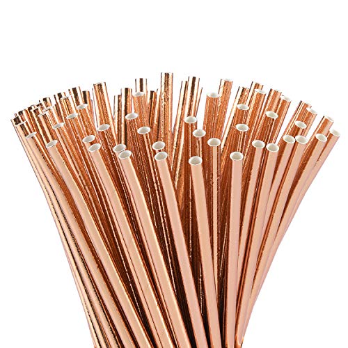 ALINK Rose Gold Foil Paper Straws, Biodegradable Disposable Party Drinking Straws for Birthday, Wedding, Bridal/Baby Shower and Christmas Decorations, Pack of 100