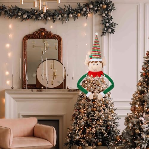 Juegoal Christmas Elf Tree Topper, Large Plush Elves Treetop Hugger with Red Green Stripes Top Hat & Red Collar, Xmas Tree Ornament Supplies Holiday Winter Home Wonderland Party Decorations