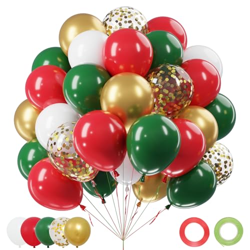 Christmas Red Green Gold Balloons Set, 60Pcs 12 Inch Red Green White Metallic Gold Confetti Latex Balloon Kit for Christmas Grinch Birthday Party Decorations