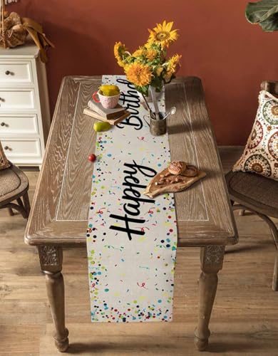 Ueplerts Happy Birthday Table Runner 13x36 Inches Beige Linen Polka Dot, 36in Long