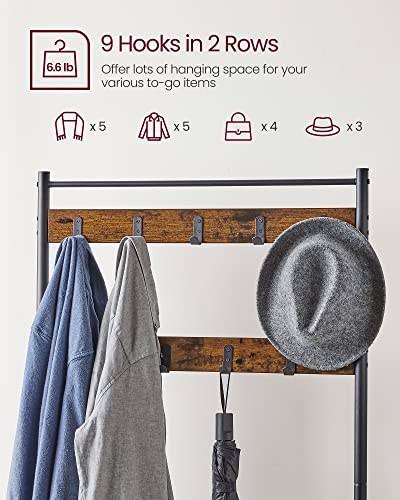 VASAGLE Rustic Brown & Black 3-in-1 Coat Rack with Shoe Storage Bench, Steel Frame
