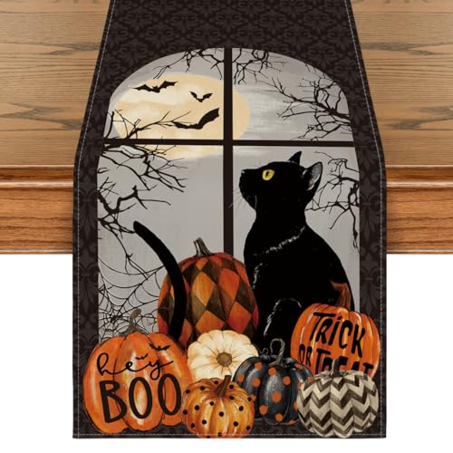 Artoid Mode Boo Black Cat Pumpkins Halloween Table Runner, Trick Or Treat Kitchen Dining Table Decoration for Home Party Decor 13 x 72 Inch