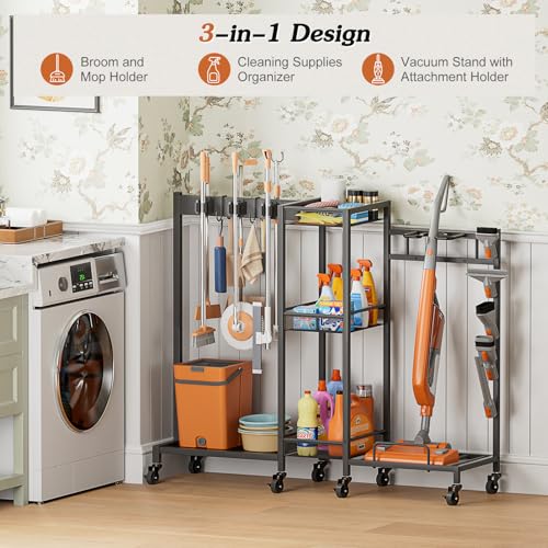 Olakee Black 3-in-1 Broom Holder & Storage Organizer for Laundry & Utility Rooms