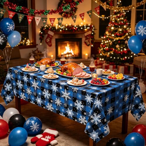 4 Pack Christmas Checkered Snowflake Tablecloths Blue & Black Buffalo Plaid 51 x 86"