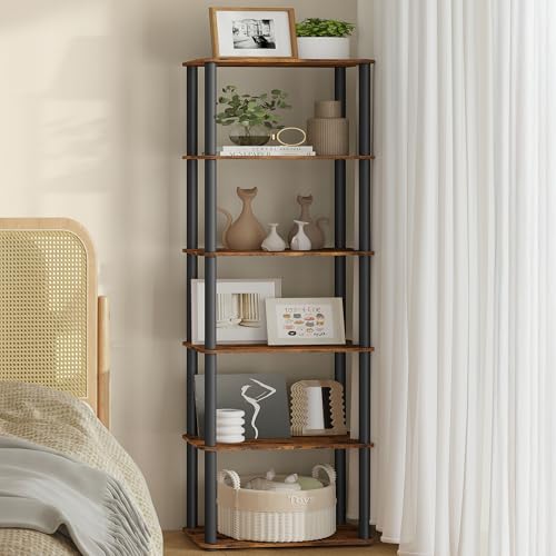 VASAGLE Rustic Brown & Ink Black 6-Tier Storage Shelf Bookcase with 15" Width