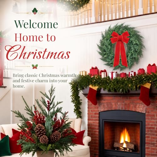 Presentastic 26 Inch Green Cedar Pine Christmas Wreath Pre-Lit with Red Velvet Bow