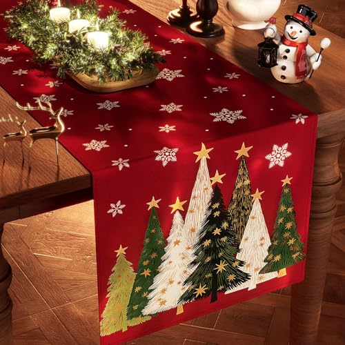 Christmas Table Runner Snowflakes & Tree Red 13"x72" Xmas Home Decor