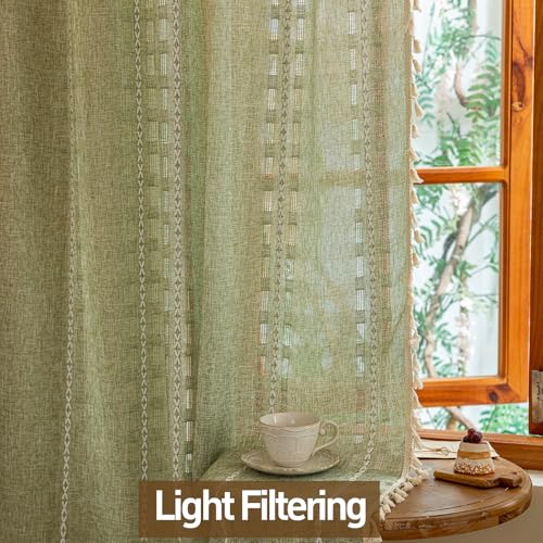 DreDecor 2-Piece Sage Green Sheer Curtains 50"W x 84"L Boho Farmhouse Style