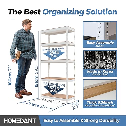 Garage Storage Shelves - White 28 Inch W 5-Tier Metal Shelving Unit - Tool-Free Assembly
