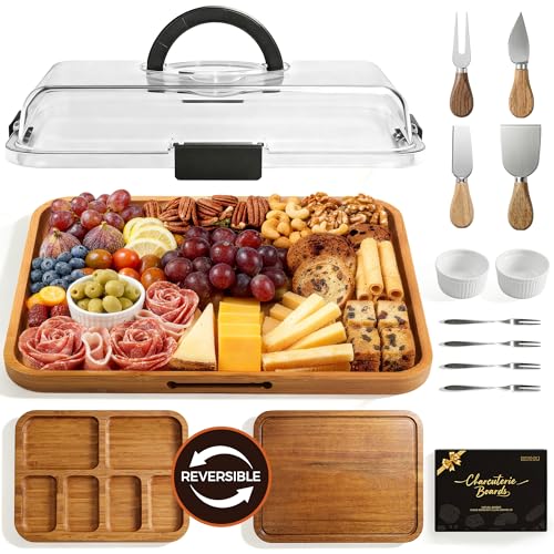 Renmxj Charcuterie Board with Lid, Carbonized Bamboo, Knives Set and