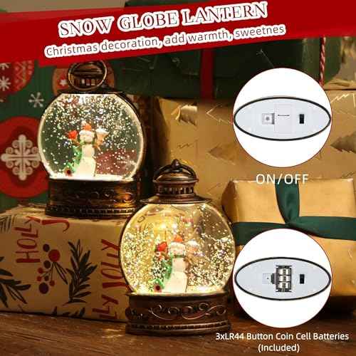 Christmas Snow Globe, Lighted Lantern, 5.6" Mini Glitter Lanterns Decorations, Water Snow Globe for Christmas, Holiday, Party Round