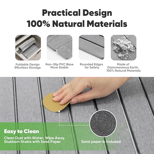 Favorking Light Grey Stone Drying Mat 24x16 Inches - Quick Absorbent, Collapsible Countertop Dish Mat