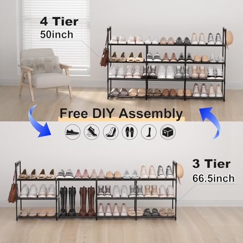 3 Row 4 Tier Shoe Rack - Stackable Metal Shoe Organizer with Hooks, Holds 24-30 Pairs - Space Saving Closet Storage - Black - Variation of THIS listing