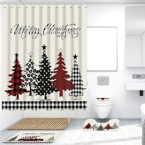 Capoda Plaid 4-Piece Merry Christmas Bath Set: Shower Curtain, 12 Hooks, Non-Slip Rug, Toilet Lid Cover & U-Shape Mat