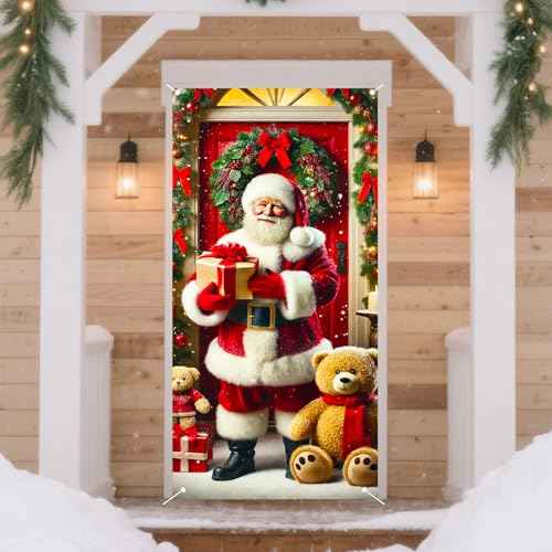 Nuxovilar Christmas Door Cover Christmas Banner Festive Santa with Teddy Bears Winter Holiday Decor for Home Indoor Outdoor (35x71 Inches)