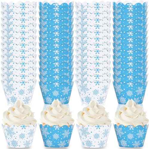 Whaline 36Pcs Winter Cupcake Wrappers White Blue Snowflake Cupcake Liners Decorative Cupcake Holders for Christmas Winter Party Cake Decoration