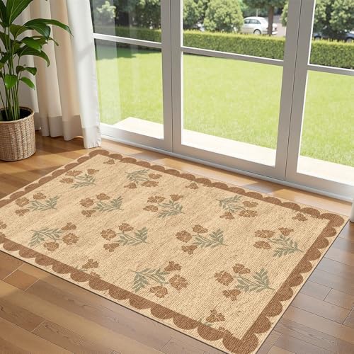 Othilic Floral Entry Rug - 3x5 Washable Indoor Outdoor Doormat with Scalloped Edges - Wheat/Tan/Sage, Boho Style