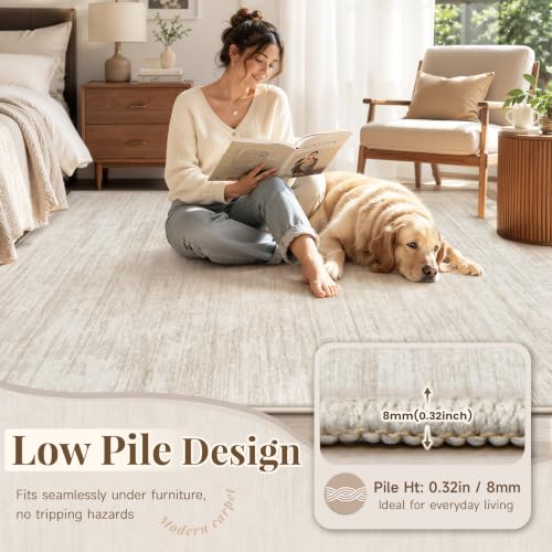 Beige 6' x 9' Washable Modern Abstract Area Rug Non Slip Indoor Carpet for Living Room
