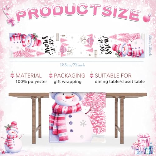 Pink Snowman Christmas Table Runner 13x72 Inch Holiday Decor for Dining