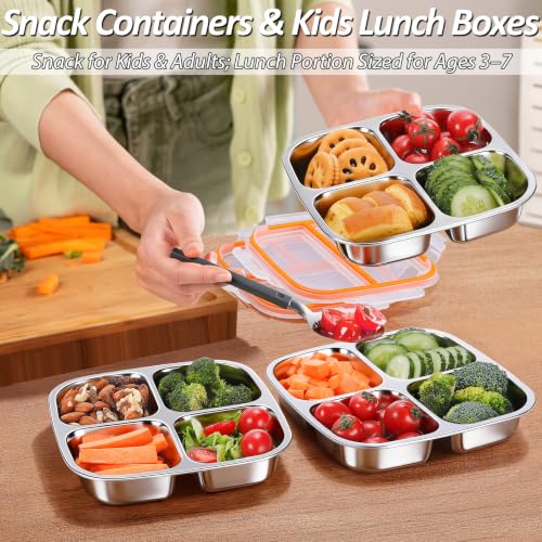 3-Pack Stainless Steel Snack Containers with 4 Compartments - 20 oz Kids Lunch Boxes