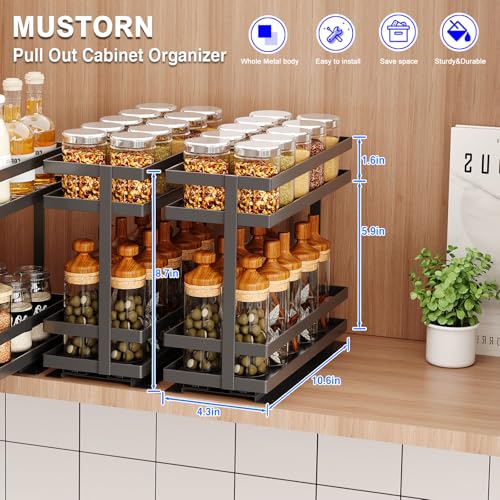 Mustorn Black 2-Tier Pull-Out Spice Rack Organizer for Cabinets
