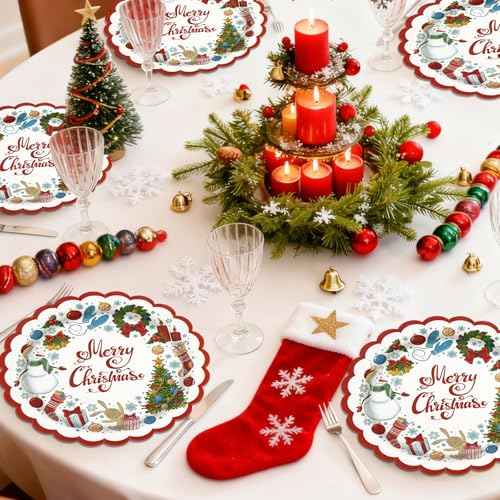 50 Count Christmas Paper Plates - 7 Inch Disposable Winter Holiday Party Plates Snowman Snowflake Dessert Plates Merry Christmas Party Decoration