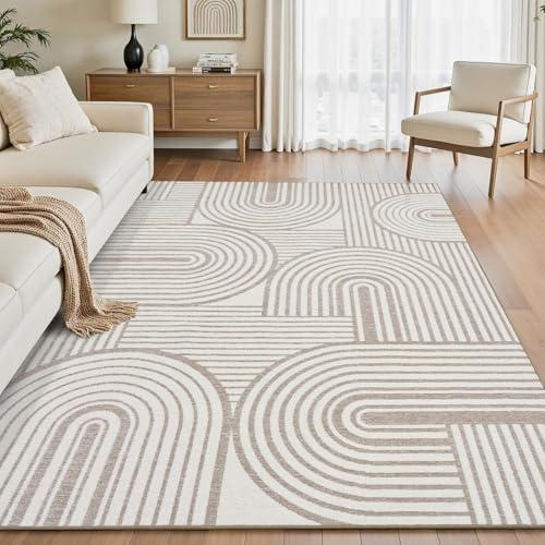 Beige 6x9 Area Rug with Textured High-Low Tufted Design - Modern Geometric, Washable, Non-Slip Backing