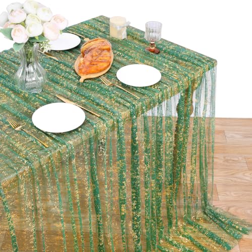 Emerald Green Metallic Foil Gauze Table Cloth 57x120 Inch Rectangular Decor