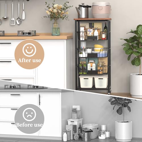 5-Tier Kitchen Storage Cart with Baskets and Wood Top - Rolling Utility Organizer