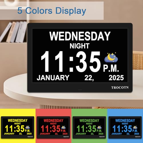 10 Inch Digital Calendar Alarm Clock for Seniors - Large Display, Auto DST, 5 Modes, Day Date Time