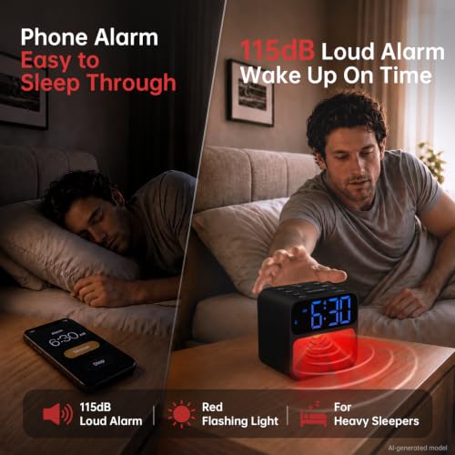 AuroraCalm Extra Loud Alarm Clock for Heavy Sleepers - Black, 115dB