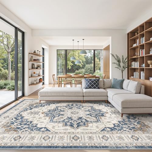 Blue 8x10 Washable Non-Slip Area Rug for Living Room