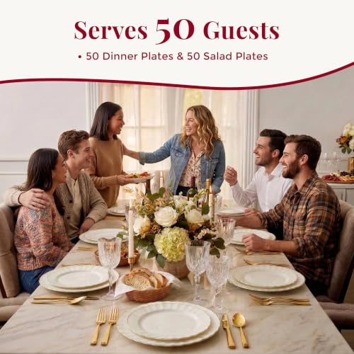 By Madee Heavyweight Ivory and Gold Scalloped Plastic Plates 100 Pc for Weddings & Parties