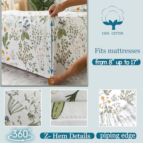 Zusbest Green King Size Floral Cotton Bed Sheet Set with Deep Pockets - 4 Pieces