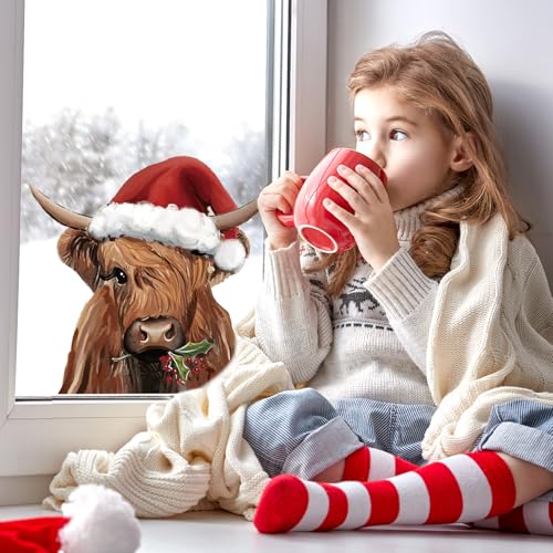 Christmas Window Clings Highland Cow Window Stickers Double-Side Glass Decals for Winter Xmas Farmhouse Home Party Supplies, 11.4 x 14.6 Inch, 4 Sheets
