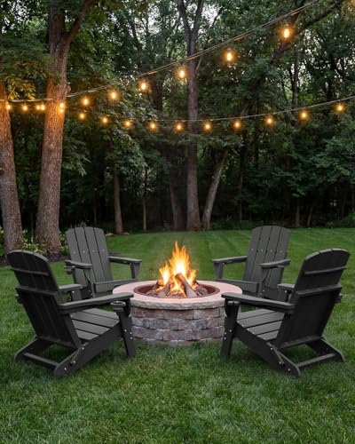 Black Folding Adirondack Chair with Cup Holders - All-Weather HDPE Outdoor Lounge Chair