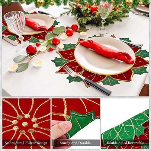 Breling 8 Pieces Christmas Poinsettia Placemats 16 Inch Round Holiday Table Decor