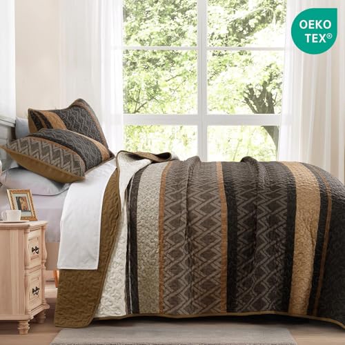 Dinjoy Boho Queen Quilt Set - Brown & Striped Fall Bedspreads, Reversible, Lightweight Microfiber Bedding, 3 Piece