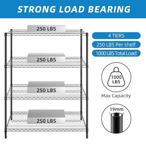 Heavy Duty Wire Shelving Unit - 48 Inch Length, Black, 4-Tier Industrial Storage Rack